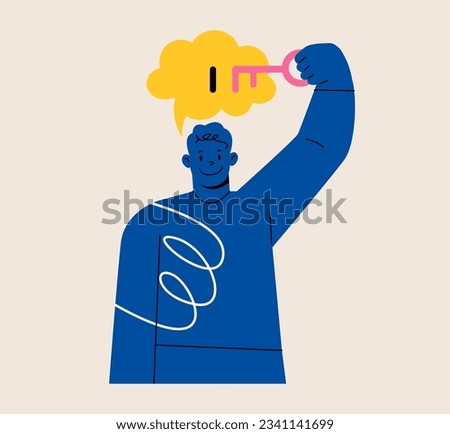Man inserting key to keyhole of thought bubble. Unlock idea and explore potential, development of thinking. Colorful vector illustration
 Royalty-Free Stock Photo #2341141699