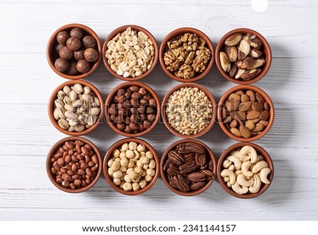 Mix of nuts in bowl . Food background top view