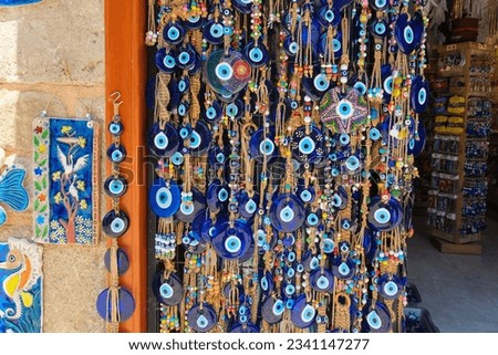 
Evil eye protection amulet in shop or market. Antalya, Side. One of the most popular souvenirs from Turkey.