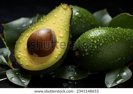 Vibrant green avocado close up, ripe and fresh, surrounded by flowers, natural.