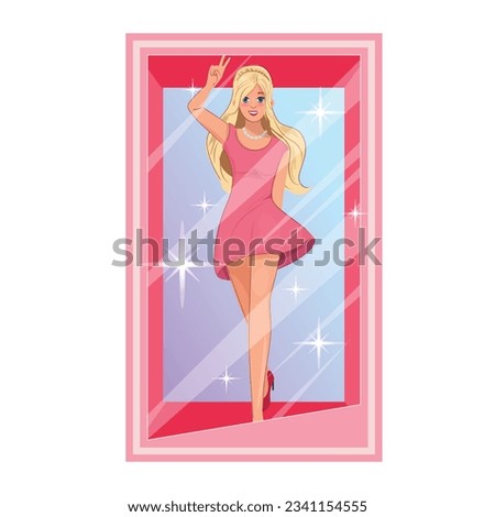 Pretty doll wearing a pink dress in the box. Barbie doll. Modern trendy flat illustration. Design character.  Royalty-Free Stock Photo #2341154555