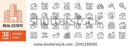 Real Estate editable stroke outline icons set. Home, property, rental, home loan, mortgage, building, agent, plan, relator, renovation and house sale. Vector illustration Royalty-Free Stock Photo #2341158505