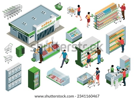 Isometric elements of supermarket trading hall with buyers choosing products on shelves trays and counters isolated on white background vector illustration