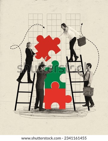 Contemporary art collage. People making puzzles with ladder, symbolizing team work. Concept of partnership, team, career, motivation, achievement, professional growth.