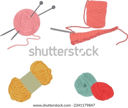 Knitting yarn balls, Yarn balls, wool colorful illustration. Knitted embroidered. Flat vector illustration on white background. Royalty-Free Stock Photo #2341179847