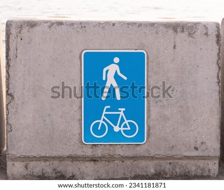 Traffic Sign white blue walking, cycling is allowed. Bike pedestrian street city signs. Rules for road users. Driving at safe speed, please be careful. Road restricts freedom. Permission on roadway.