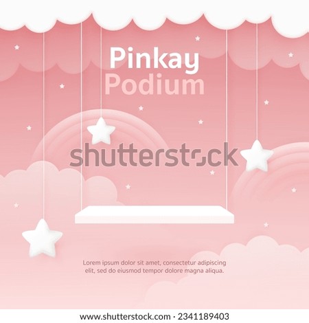 3d Vector baby product display, podium banner. Cute swing, rainbow, star in pink sky background for baby store, online shop, girl clothes toy, kid fashion discount promotion sale, social media post. Royalty-Free Stock Photo #2341189403