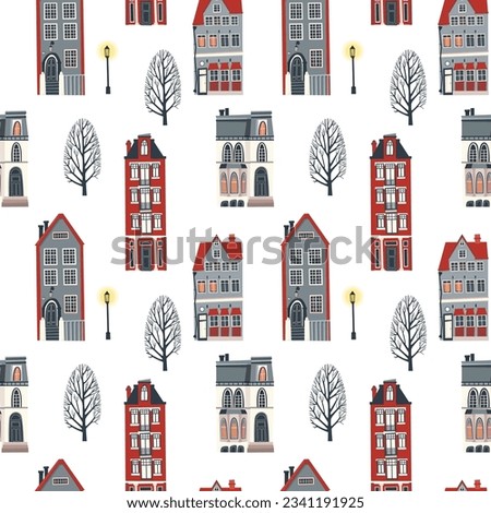 Vector cute houses. Cartoon geometric houses, cars, trees, lanterns. Fashionable illustration by hand. Design of the children's room, banners, decor, etc.
