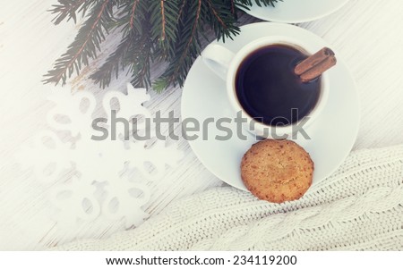 coffee or chocolate with cinnamon and cookies. christmas still life