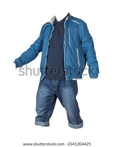 Denim dark blue shorts,dark blue t-shirt with collar on buttons and blue windbreaker  jacket on a zipper  isolated on white background