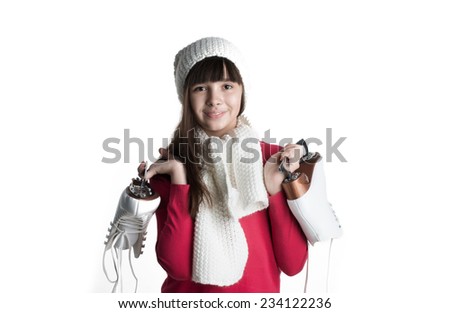 Little girl with skates isolated on white background