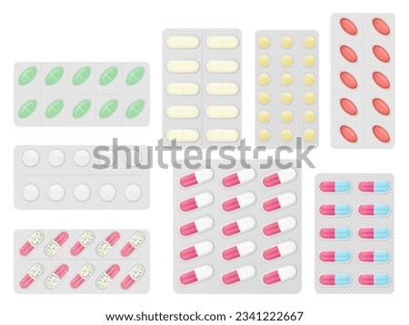 Set of pills in different blister pack isolated on white Royalty-Free Stock Photo #2341222667