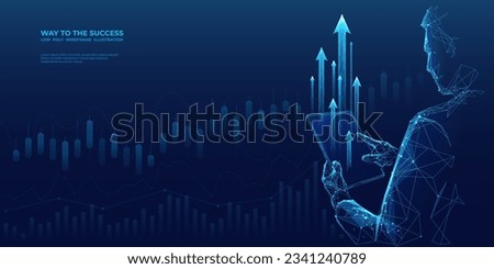 Abstract stock exchange and trader holding tablet with arrow up signs. Digital stock market banner. Investment boost concept. Low poly wireframe vector illustration in futuristic style.