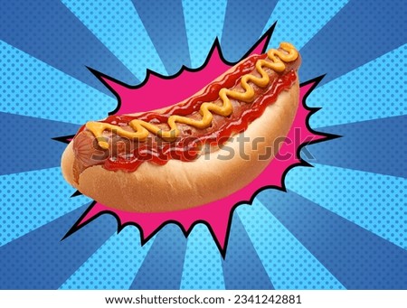 Yummy hot dog with ketchup and mustard on bright comic background