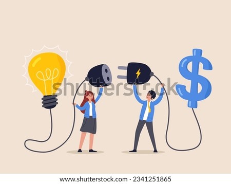 Financial support for startup concept. Venture capital or and entrepreneur company, make money idea or idea pitching for fund raising, businessman and woman connect lightbulb with money dollar sign. Royalty-Free Stock Photo #2341251865