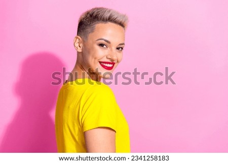 Profile photo of gorgeous positive lady beaming smile empty space advert isolated on pink color background