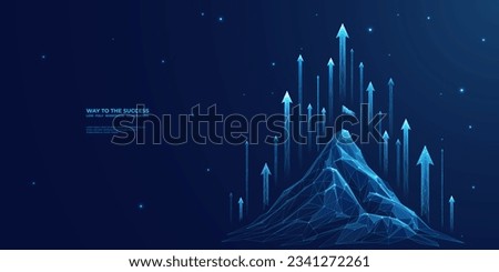 Abstract growth concept. The digital peak of a mountain with a flag on the top and arrows up. Boosting of a career or great results of a business. Low poly wireframe vector illustration. Royalty-Free Stock Photo #2341272261