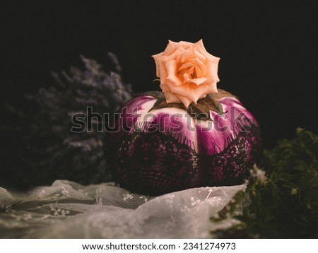 Eggplant, rose, lace on a dark background - a postcard, a picture for a dining room or a cafe
