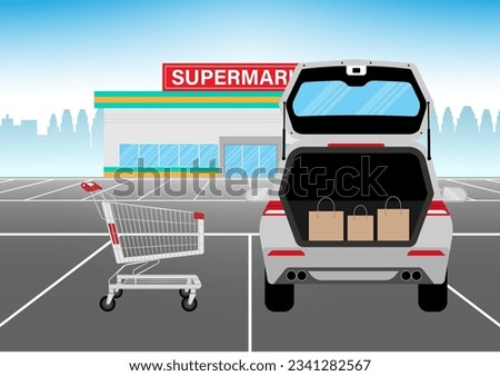 Shopping Bags in Car trunk at Parking Lot. Shopping in Supermarket or Convenience Store. Shopping Concept. Vector Illustration. 