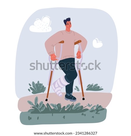 Cartoon vector illustration of man with plaster leg cast walking with crutches