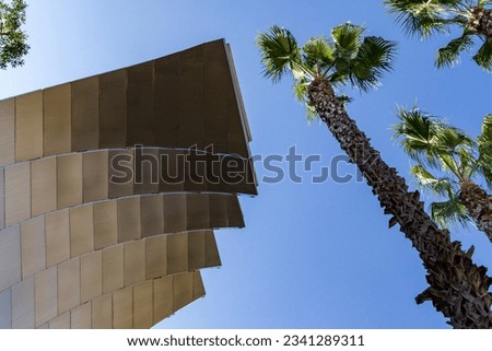 An abstract architecture scene withe a metal design and blue skies with palm trees in california