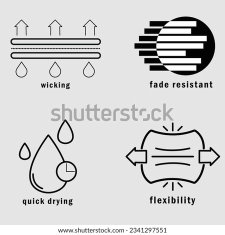 Set of fabric features icons. Line art style icons bundle. vector illustration, wicking, flexibility, quick drying, fade resistant  Royalty-Free Stock Photo #2341297551