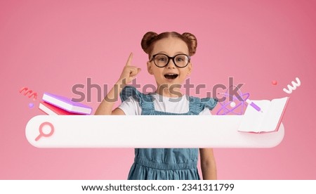 E-Learning. Collage With Happy Schoolgirl In Eyeglasses Having Idea, Pointing Finger Up In Eureka Moment, Posing Near Online Search Bar Icon Over Pink Studio Background. Educational Inspiration