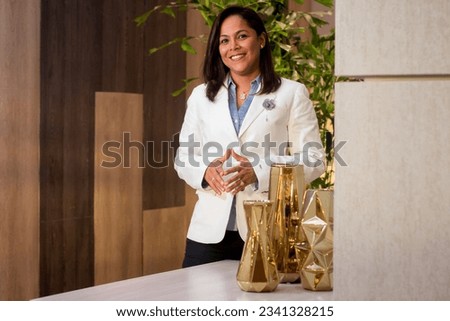 Latina woman executive doctor slim smiling independent smooth and curly