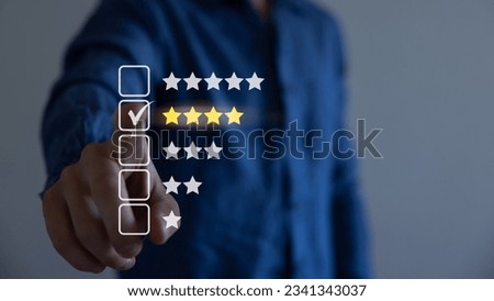 Customer review satisfaction feedback survey. User giving rating to product and service online. 4 stars.