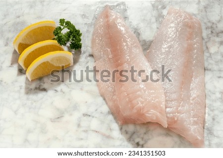 Fresh sole Fish Fillet, Raw fillet, Sole fish, LemonDover sole, Seafood Fillet on marble cutting board