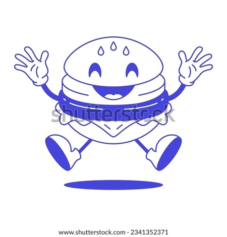 Happy burger jumping emoticon cartoon character retro 30s animation style line art icon vector illustration. Funny cheeseburger fast food smile cheerful comic mascot minimalist hand drawn sketch logo