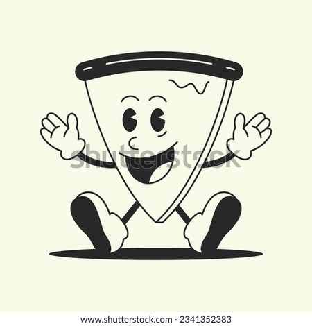 Pizza triangle piece funny comic character cartoon mascot retro 30s animation style line art icon vector illustration. Cute fast food delicious snack cheerful minimal monochrome hand drawn emoticon