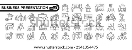 Business presentation line icons set. Presentation, business, seminar, partnership, goals, meeting, whiteboard, conference and business plan icons. Vector illustration Royalty-Free Stock Photo #2341354495