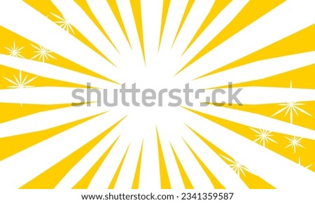Sunburst or starburst explosion on yellow background, glittering radial light graphic design.
