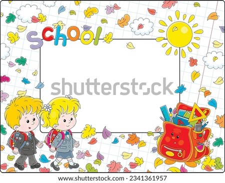Vector school frame border with funny little schoolchildren, a cartoon satchel, yellow sun and falling colorful autumn leaves