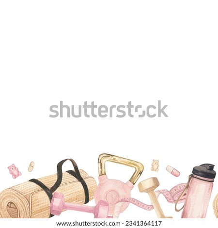Watercolor illustration of gym, yoga or pilates female set including mat, weight, top, sneakers. Pink and beige tones seamless border
