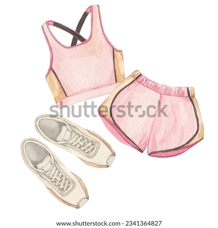 Watercolor illustration of gym, yoga or pilates female set top, shorts and sneakers. Pink and beaige tones clipart