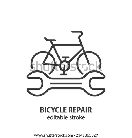 Bicycle repair service line icon. Bike and wrench outline vector symbol. Editable stroke.