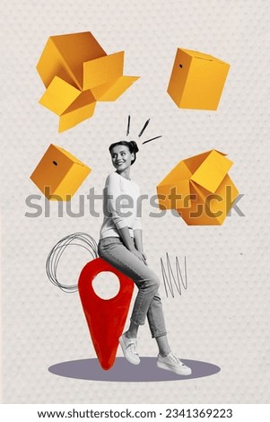 Vertical collage image of black white effect girl sit geolocation mark flying carton boxes isolated on paper background