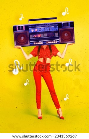 Collage poster sketch of unusual weird faceless girl listen cassette player boombox music isolated on yellow bright background