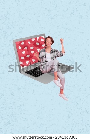 Photo artwork collage of positive girl celebrating fists up sitting laptop keyboard much notification feedback isolated on blue background