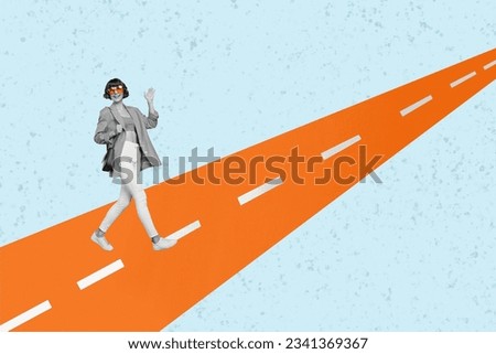 Photo composition template collage of young funny woman walking crossing road way waves palm hello isolated on blue color background