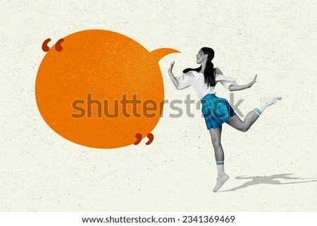 Photo creative collage design of funny young woman speaking announcement remark quote phrase isolated over beige color background