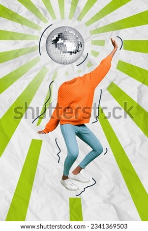 Poster collage artwork sketch of unusual weird person no face have fun dance enjoy weekend isolated on drawing bright striped background