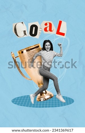 Collage photo illustration of funky young girl run competition champion golden goblet first place best winner isolated on blue background