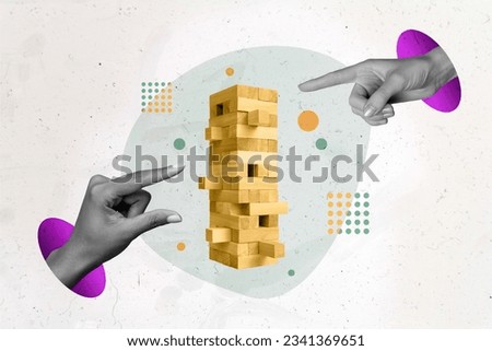 Image banner photo poster collage of business people person build huge high jenga tower isolated on painted 3d background