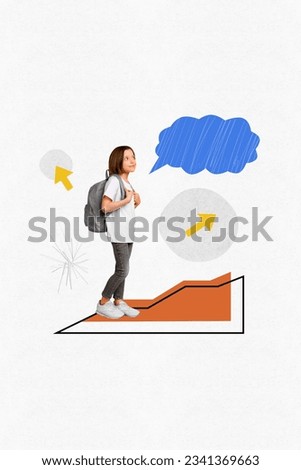 Vertical creative collage image of walking schoolgirl rucksack message speech bubble arrows point communication connect message thoughtful