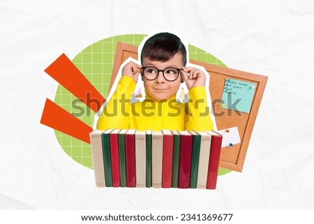 Collage of young funny schoolkid wearing eyeglasses intellect read much books library pin desk schedule lesson isolated on white background Royalty-Free Stock Photo #2341369677