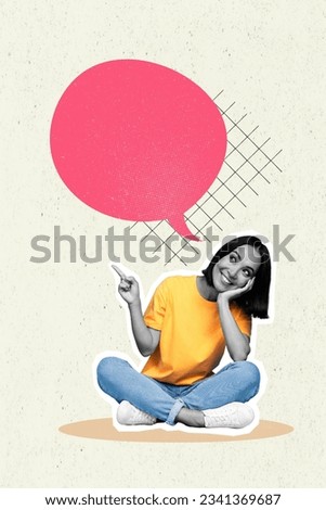 Photo illustration collage of cute woman sit directing finger round cloud empty space message announce isolated on grey plaid background