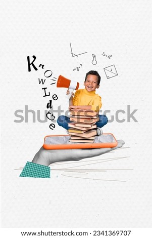 Vertical collage of black white effect arm hold smart phone display mini schoolboy loud speaker knowledge pile stack book isolated on paper background